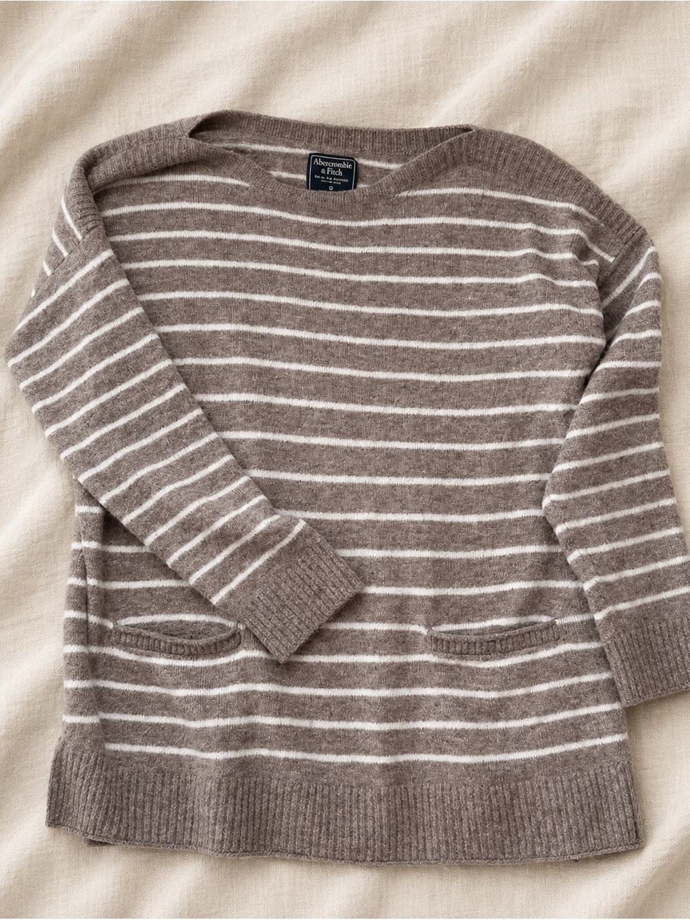 Abercrombie & Fitch Taupe and White Striped Crewneck Sweater